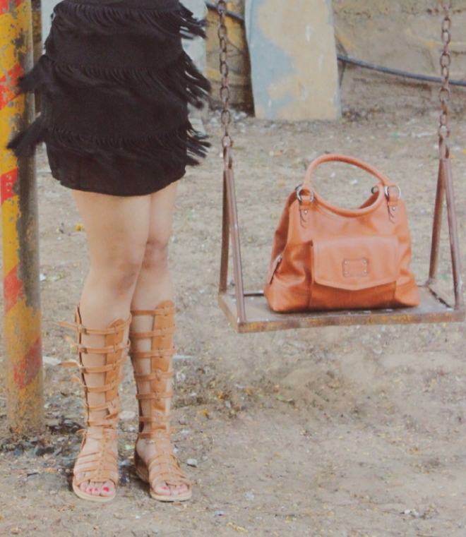 Fringe skirt and gladiator shoes